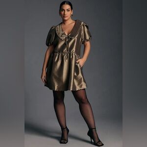 Porridge Short-Sleeve Collared Taffetta Mini Dress Size Large Bronze Green